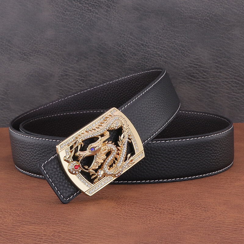 Cinturón de cuero genuino para hombre, hebilla lisa de dragón chino exquisito, a la moda, de diseñador de lujo, de alta calidad