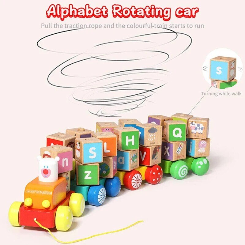 Brinquedos de trem pull-down de madeira para crianças, alfabeto e bloco de letras, brinquedos educativos para 3 + anos, 26 PCs