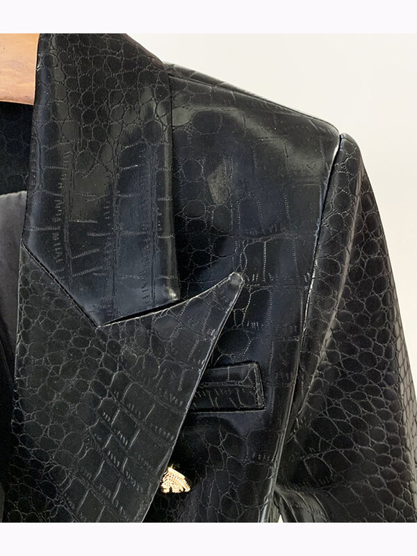 Jaket desainer 2024 mode Barok terbaru kualitas tinggi Blazer kulit imitasi buaya kancing logam singa untuk wanita