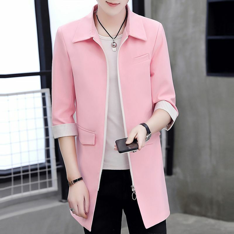 Jaqueta de zíper de manga média masculina, quebra-vento rosa casual, terno três quartos, estilo coreano, cabeleireiro, verão, 3-A8