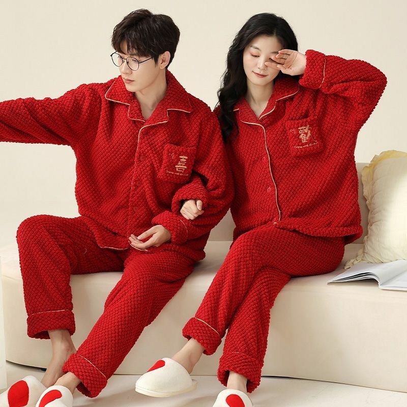 Pijama forrado de lã coral vermelho para casais, roupa caseira espessa para homens e mulheres, conjuntos casuais de roupas noturnas quentes, vermelho, casamento, inverno, novo