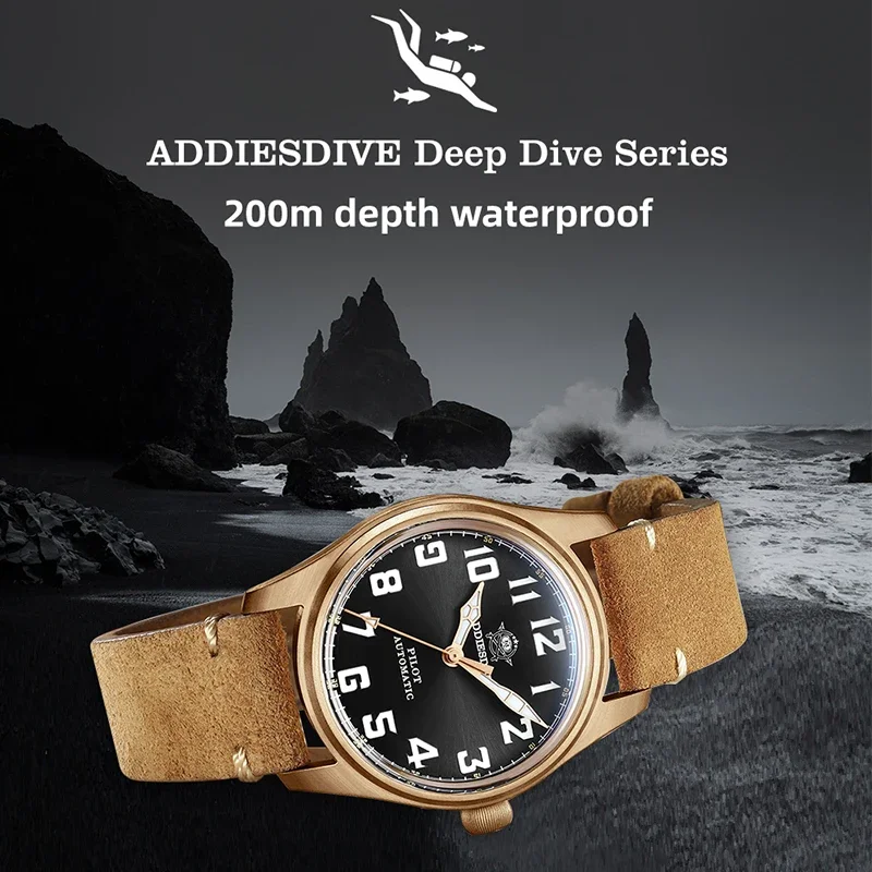 ADDIESDIVE-Bronze relógios mecânicos automáticos para homens, vidro de safira, couro mergulho luminoso, 200m Dive, NH35A, 39mm, CuSn8