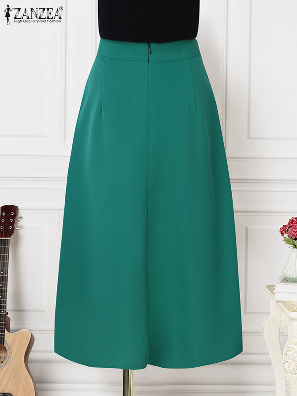 2024 ZANZEA Fashion Elegant Women Long Skirts Summer High Waist Solid Bottoms Pockets Casual Pleated Knee-length Skirts Oversize