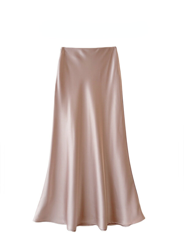 Satynowa spódnica trzy czwarte HOUZHOU dla kobiet elegancki, szykowny wysoka talia wąska w stylu Casual, z jedwabiu spódnica syrenka pani biurowa 2024 wiosna lato