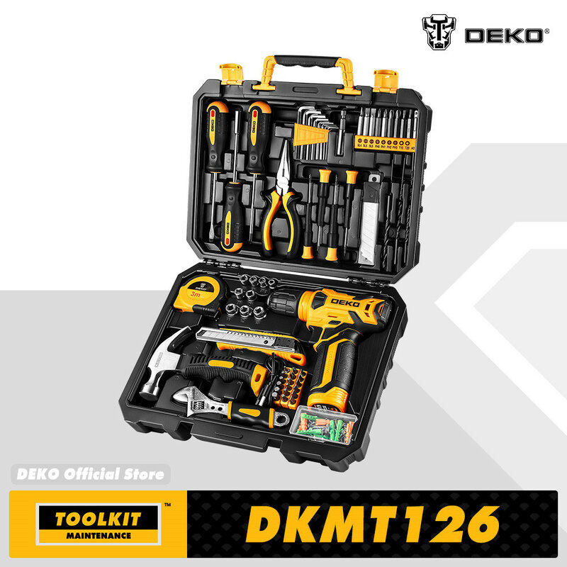 DEKO peralatan listrik DKMT126, kit Kombo dengan 8V tanpa kabel, kit alat tangan rumah tangga DIY, Chuck tanpa kunci 10MM 3/8 inci