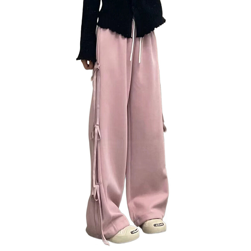 Pantalones de pierna ancha Retro para mujer, pantalón informal con lazo, cintura alta, holgado, cintura elástica, trajes Y2k