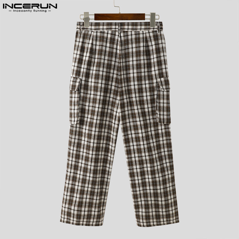 INCERUN 2024 American Style Trousers New Men Plaid Pocket Design Cargo Long Pants Casual Street Male Hot Selling Pantalons S-5XL