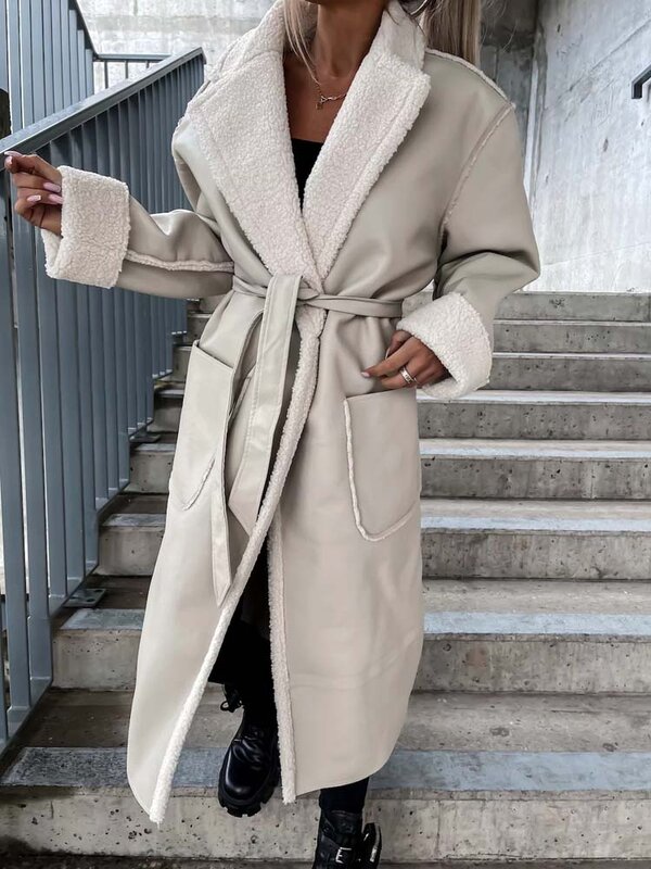 2022 Winter Pu Kunstleder Mantel Frauen lange Lederjacke schwarz dicke warme Mäntel für Frauen