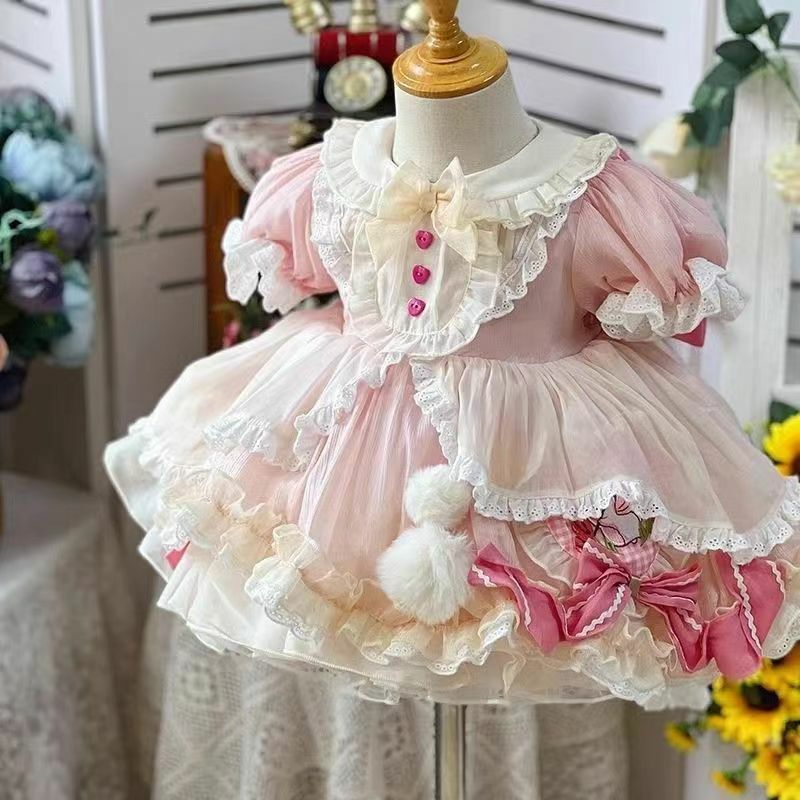 2024 neue Lolita Spitze Prinzessin Kleid Kinder Abend Geburtstags feier Ballkleid Boutique Sommer Baby Tnfant Mädchen Kleider 2-8yrs