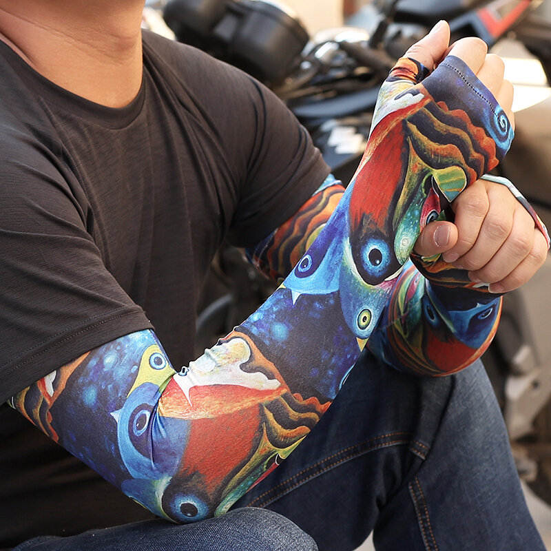 Mangas protetor solar manga tatuagem masculina com luva armguards capas luvas esportivas luvas longas sem dedos