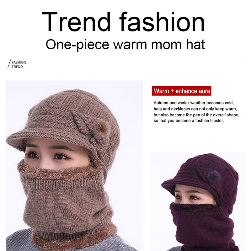 Winter Hat Women's Thickened Hat Scarf Warm Breathable Windproof Outdoor Wool Knitted Hat Women's Ear Protection One-piece Hat
