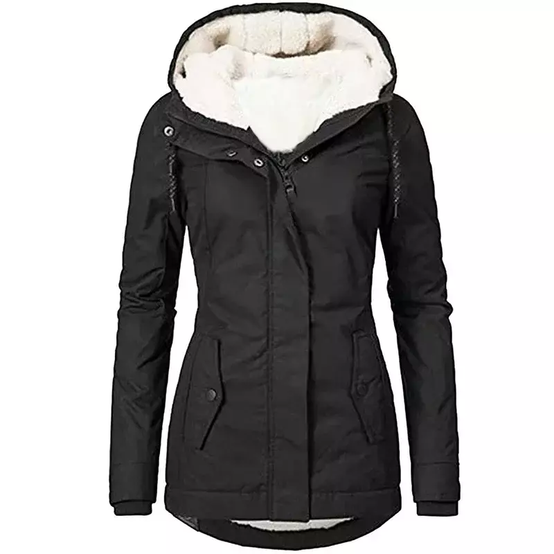 Hooded Splice Zipper Coats for Women, Loose Casual Pockets Parkas, Regular Thick Full Sleeve, Warm Solid Jackets, Autumn and Win