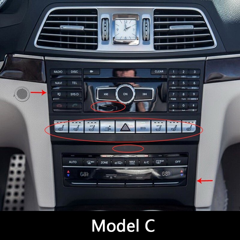 Consola Car Center Ar Condicionado CD Decoração Quadro Adesivos, Fibra De Carbono, Cor Preta, Mercedes Benz Classe E W212 2009-11