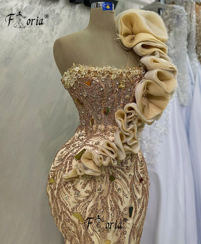 Турецкие женские вечерние платья цвета шампанского с юбкой гофрированным плечом кристаллами бусинами Свадебные платья для особых церемоний платье для выпускного вечера