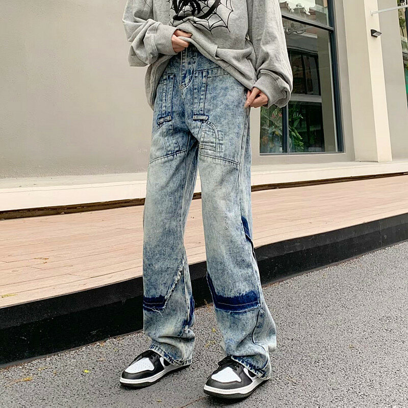 2023 Cyber Y2K Fashion Old Baggy Stacked Jeans Pants For Men Clothing Washed Blue Straight Luxury Denim Trousers Pantalon Homme
