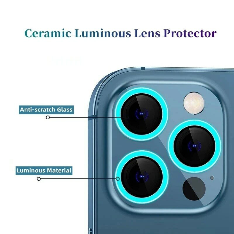Luminous Camera Lens Protector For iPhone 15 14 13 Pro Max 12 13 Mini Ceramic Lens Ring Film For iPhone Back Camera Caps Cover