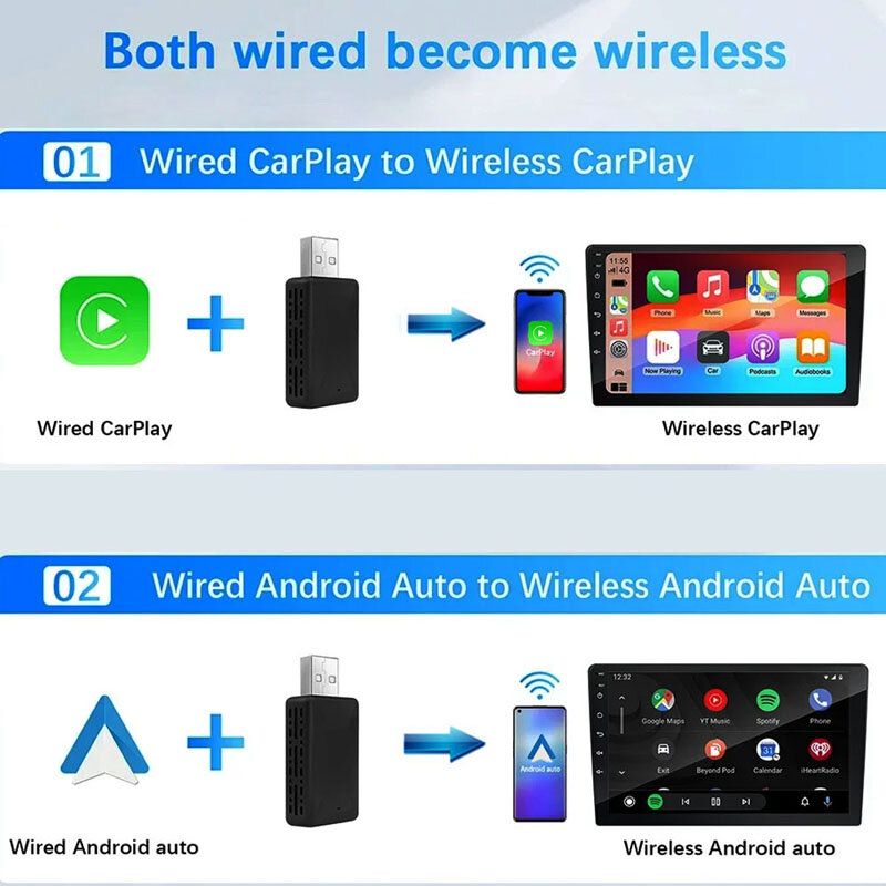 Carmitek-adaptador automático para coche, dispositivo 2 en 1 con cable a CarPlay inalámbrico, Android, OEM, estéreo con USB, Plug and Play