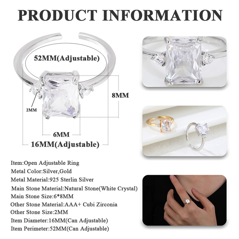 Poulisa cristal branco pedra natural s925 anel de abertura zircônia cúbica 925 prata esterlina ajustável aberto zircônia anéis anillos