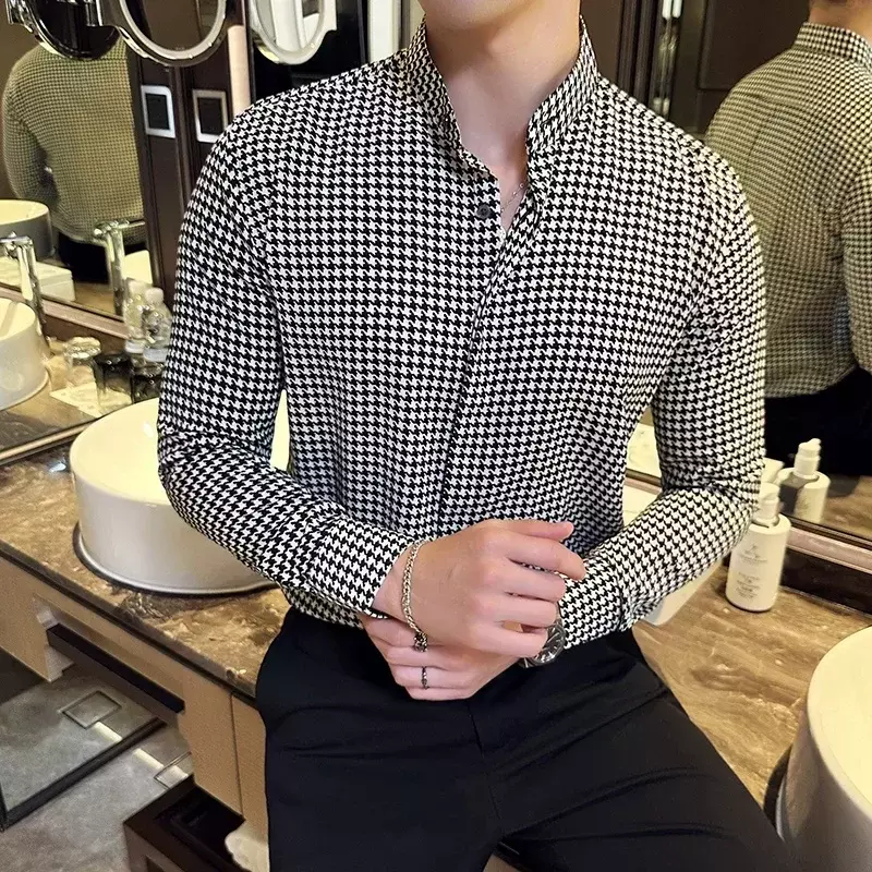 Роскошная черно-белая клетчатая рубашка, Новинка осени 2023, мужская деловая облегающая Повседневная рубашка с длинным рукавом, деловая одежда, блузки