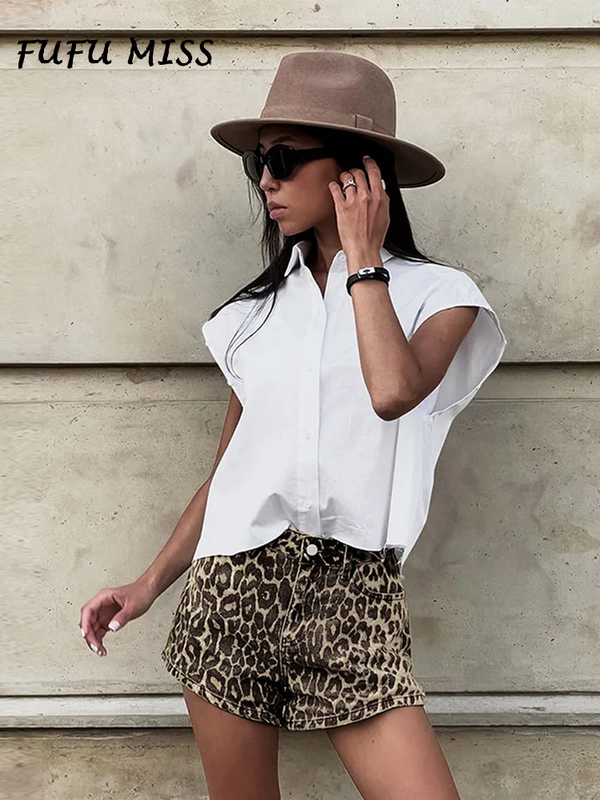 Leopard Print Vintage Shorts Women Button Pocket Zippers All Match Short Pant Y2k Streetwear 2024 Spring Summer Lady Outwear