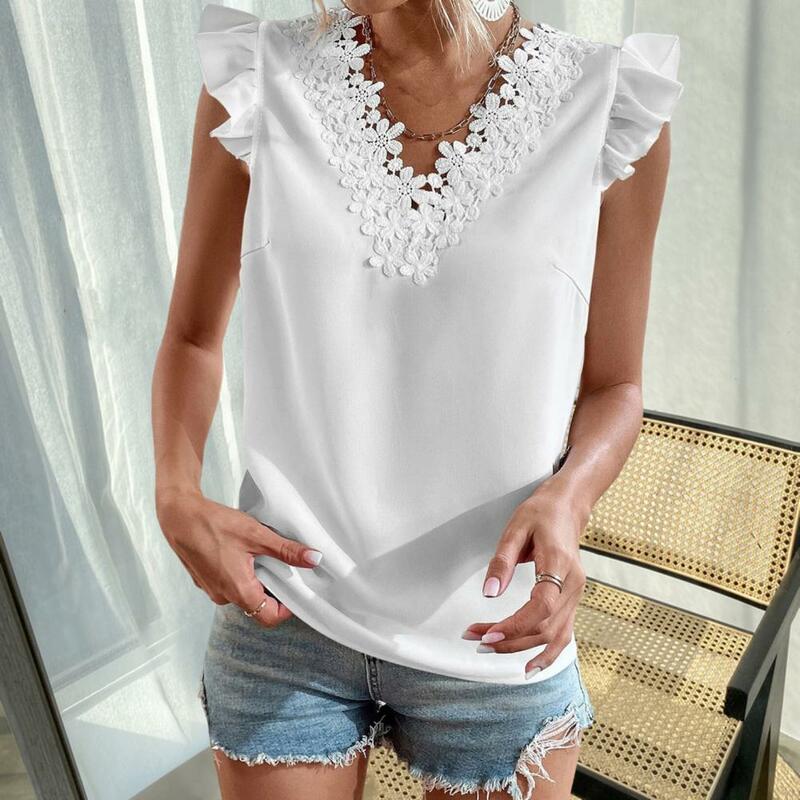 Women Summer Shirt Elegant Lace Flower Splicing V-neck Women's Summer Shirt with Ruffled Sleeves Slim Fit Solid for Streetwear