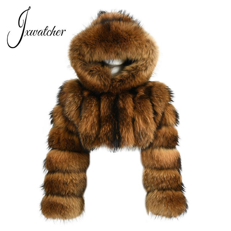 Jxwatcher Mantel Bulu Rakun Asli Mode Musim Gugur Musim Dingin Jaket Pendek Bulu Alami Hoodie Wanita Lengan Penuh Pakaian Luar Hangat Perempuan