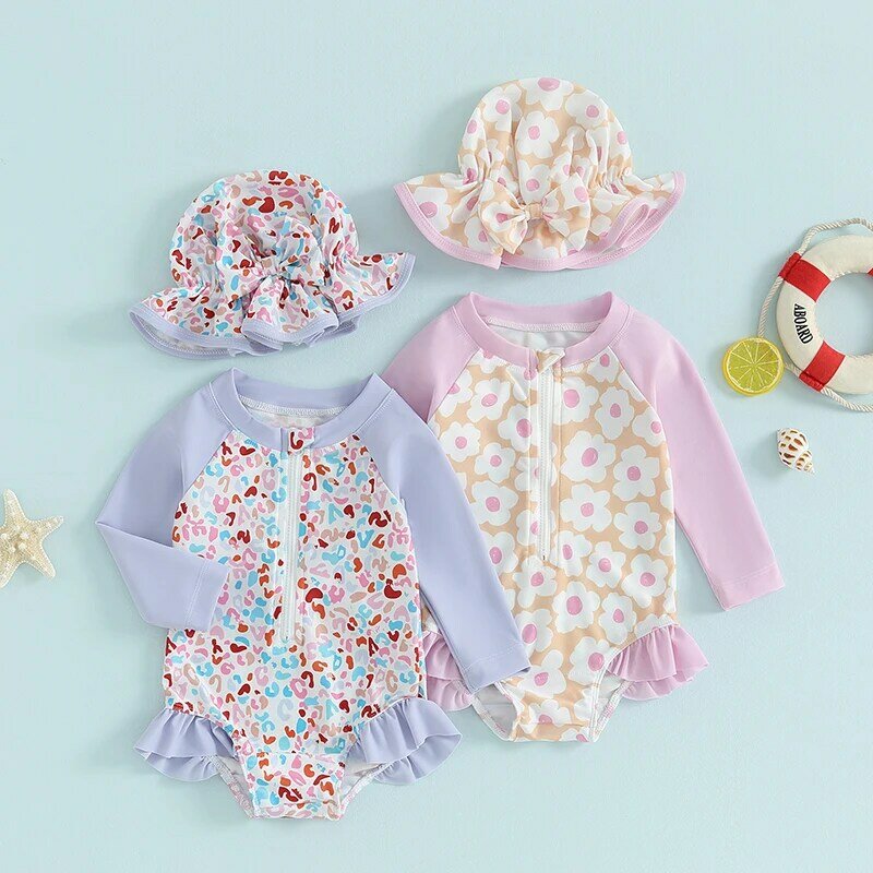 Lioraitiin-maiô de manga comprida com babados para meninas, estampa floral, babados para bebê, maiô com boné