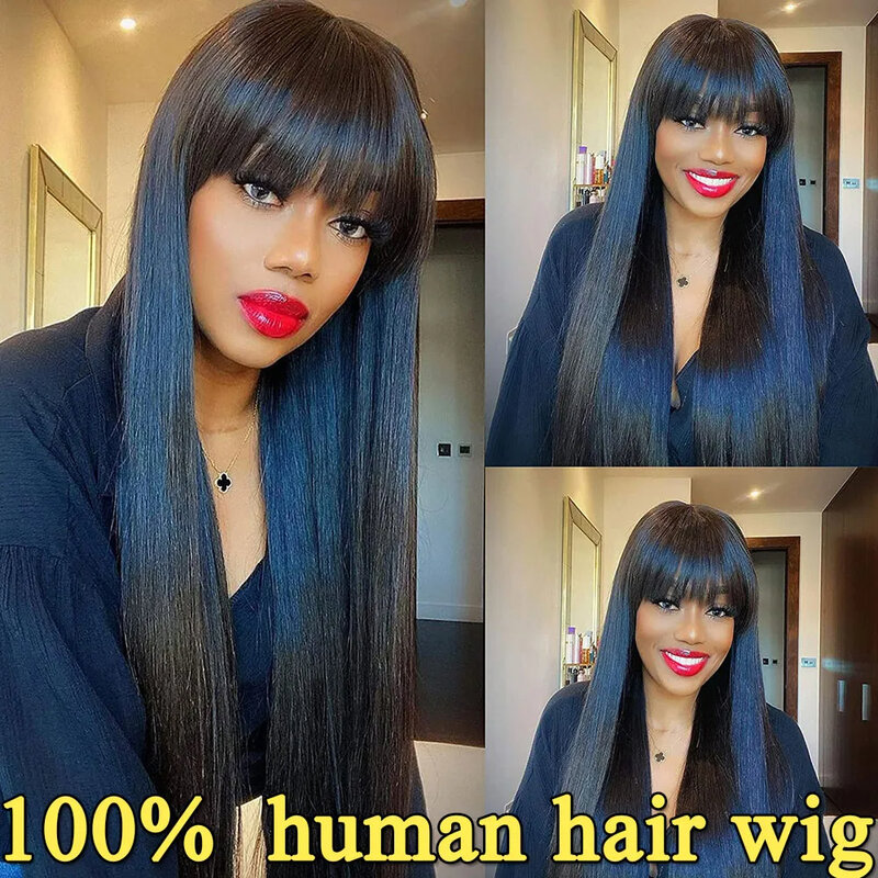 Peruca franja preta reta com franja para mulheres negras, 100% cabelo humano, perucas sem cola, fecho de renda 3x1, brasileiro