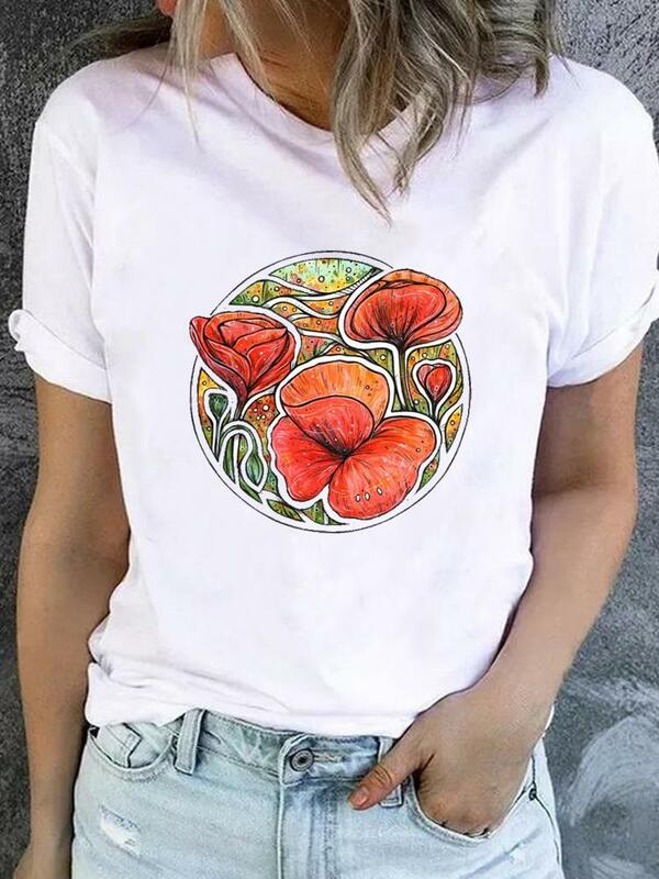 T-Shirt damski moda Basic damski graficzny odzież z krótkim rękawem kwiat piękny styl Trend lat 90. Koszulka Top ciuchy Print T Shirt