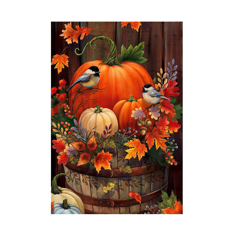 가을 추수감사절 호박 작은 정원 깃발, 12x18 인치 양면 가을 수채화 새, 계절 야외 장식