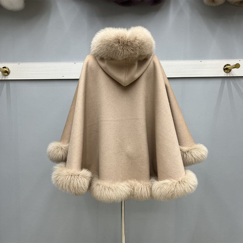 Jaket wol hangat wanita modis jalanan musim gugur baru 2023 jaket jubah bertudung kerah bulu rubah asli pakaian luar wanita Modern