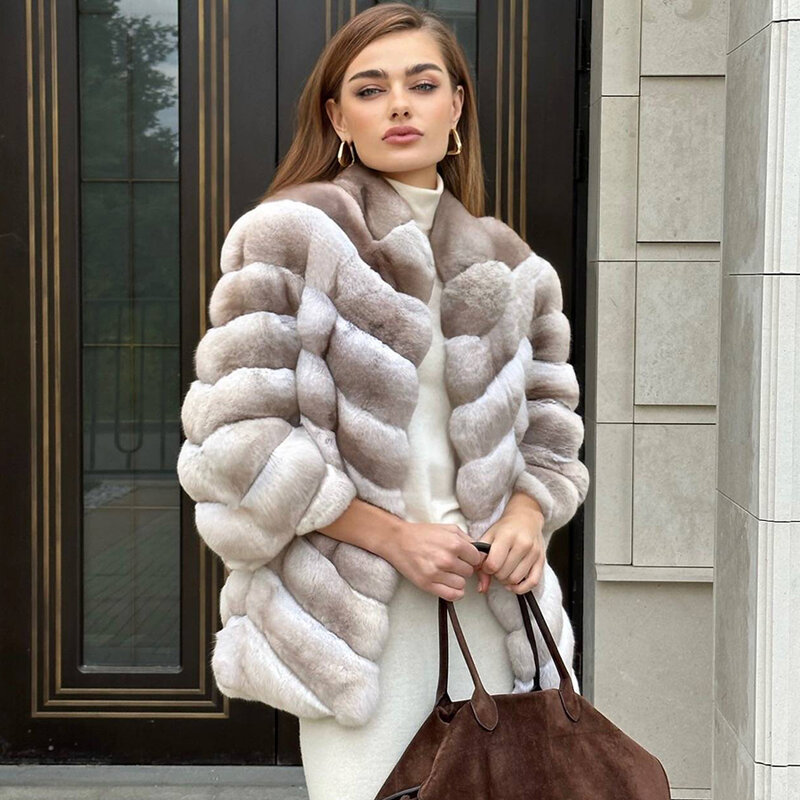 Manteau en fourrure de lapin Rex naturel pour femme, vestes courtes, fourrure de chinchilla, vraie fourrure, hiver, best-seller