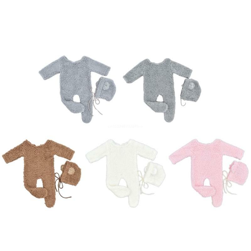2Pcs Photography Props for Baby Boy Girls Unisex Jumpsuit Bear Ear Hat Footed Romper Newborn Photoshooting Accessories