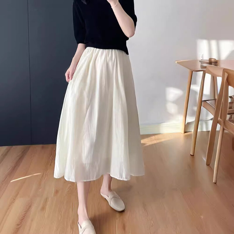 Female A-line Long Skirt Women Summer Style Vintage High Waist Elastic Loose White School Midi Skirt Casual Ladies Skirts Q876