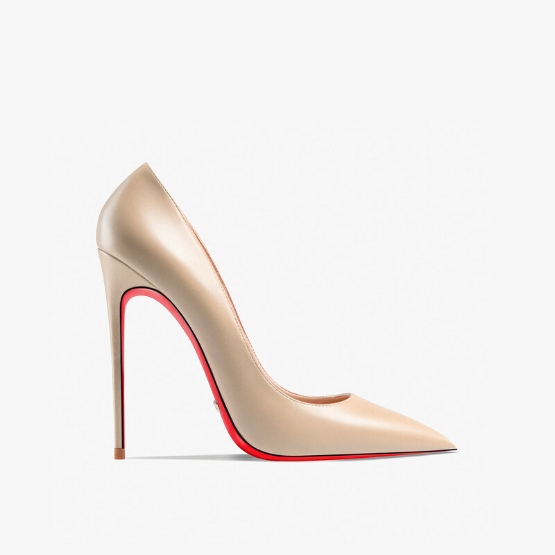 Zapatos de tacón alto de piel auténtica para mujer, calzado de tacón fino, punta estrecha, fiesta, Sup, boda, Sexy, fondo rojo brillante