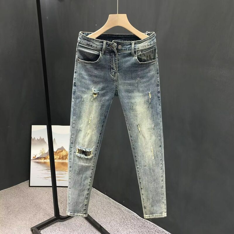 New Men's Retro Blue Washed Skinny Jeans with Distressed Ripped Holes Casual Slim Denim Pants Spring Autumn Luxury Clothing Men