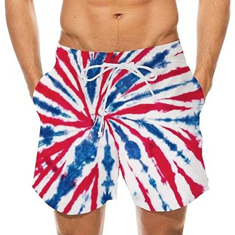 Men's Casual Independence Day Short Pants Summer Comfortable High Waist Drawstring Shorts Fashion Pockets Striped Printed Pants