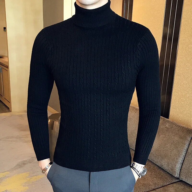 Masculino fino cor sólida gola gola caber suéteres inverno manga longa quente malha blusas clássico sólido casual camisa de fundo 5xl