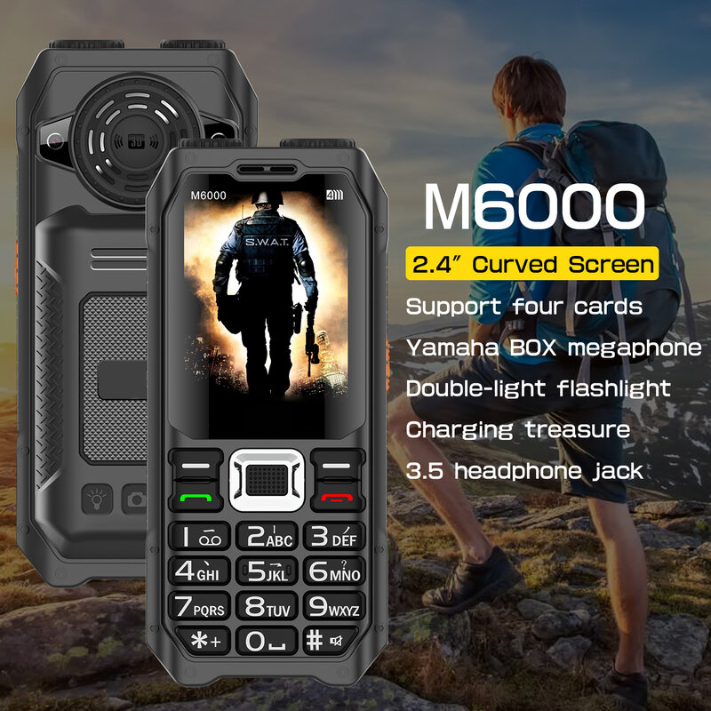 Прочная уличная мобильный телефон, два фонарь, громкий динамик, большая кнопка, внешний аккумулятор, большая батарея, 4 sim-карты, SOS, быстрая доставка