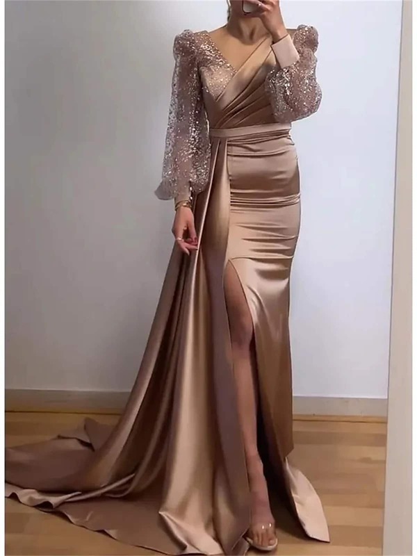 Женское вечернее платье-русалка, однотонное блестящее платье из прозрачного тюля с разрезом в несколько рядов и длинным шлейфом, модель 2023