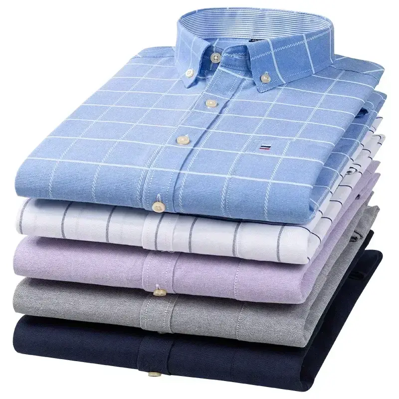 2024 Oxford Men Fashion 100% Cotton Thin Long Sleeve Casual Slim Solid Color Plaid Print Stripe Formal Dress Shirt Plus 7XL 6XL