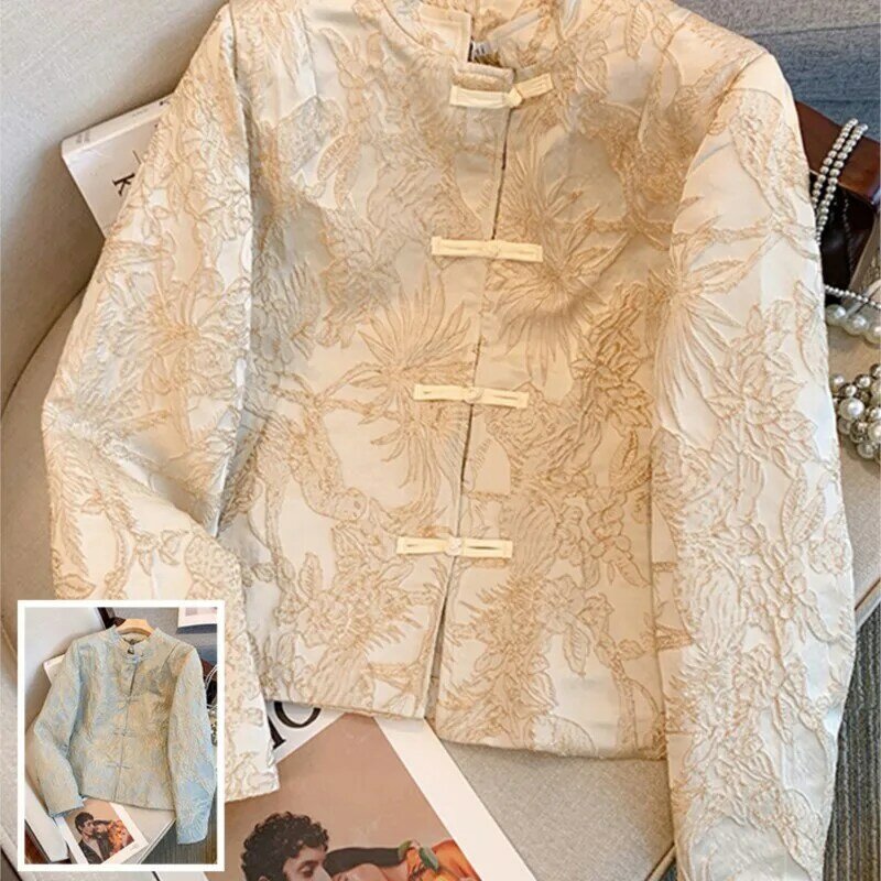 Manteau court en jacquard de brocart pour femme, manches longues, simple boutonnage, col montant, haut de tempérament national, nouveau style chinois
