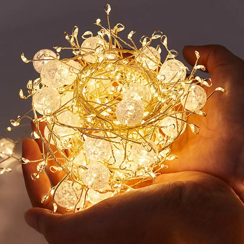 LED Petasan Lampu Peri Luar Ruangan Tahan Air Kristal Dentur Bola Tali Cahaya untuk Pohon Natal Pesta Rumah Liburan Taman
