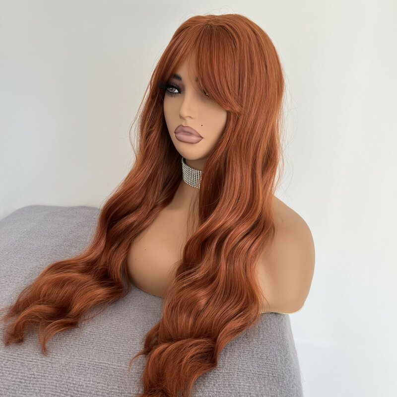 Peluca de Cosplay larga naranja jengibre para mujer, cabello de fibra seguro con calor, cabeza completa, uso diario