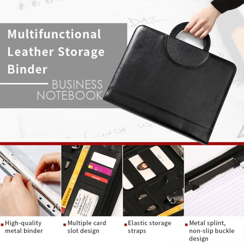 2024 File Folder Storage Document Portfolio Bag Pu Leather Ring Premium Custom Logo Design Portfolio smartphone bracket bag