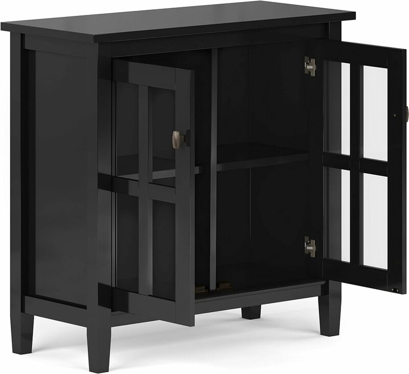 頑丈な透明な木製収納キャビネット黒、2つの調節可能な棚、強化ガラスドア、幅32インチ