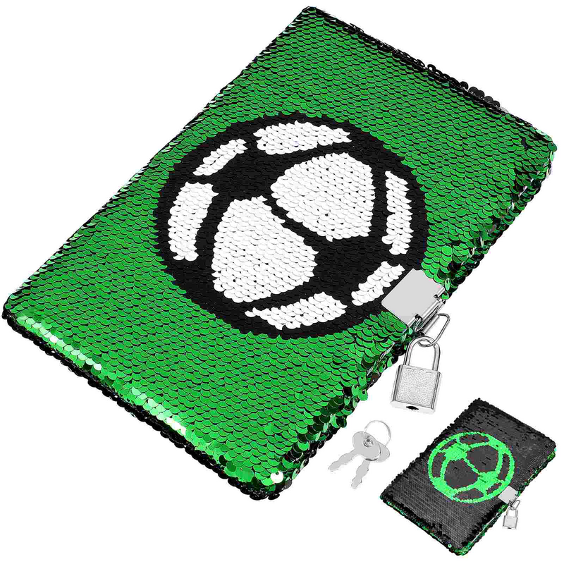 Cuaderno Reversible con patrón de fútbol para niños y adultos, cuaderno de lentejuelas con cerradura y llaves, diario, diario de viaje