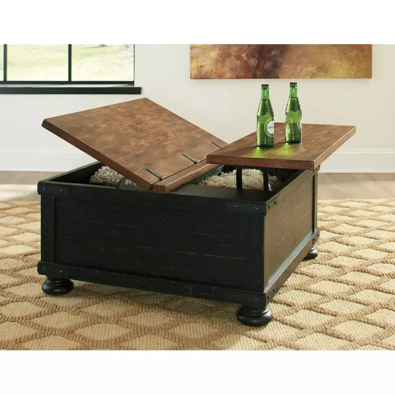 Valebeck Farmhouse Lift Top Coffee Table With Storage Distressed Brown & Black Finish 36 in X 36 in X 18 in Dining Room Sets