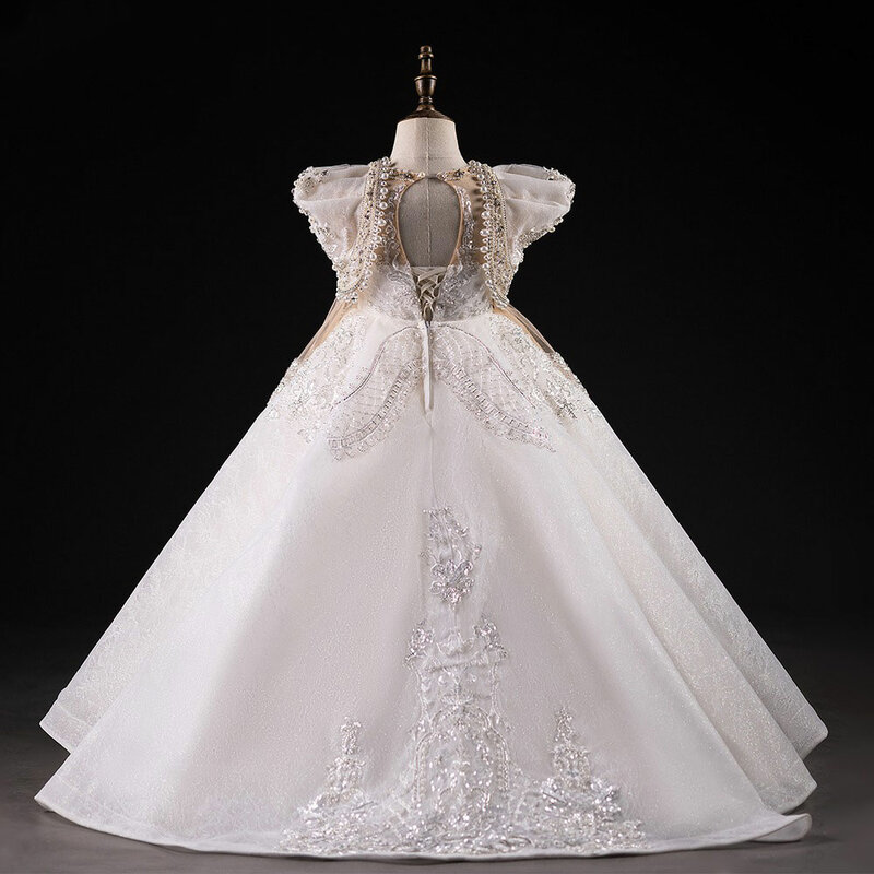 Jill Wish gaun anak perempuan putih mewah manik-manik mutiara Dubai gaun panjang Komuni Pertama pesta pernikahan ulang tahun putri 2024 J049