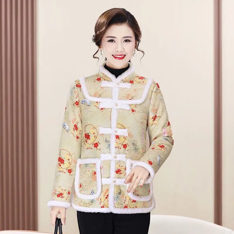 Winter New Vintage Embroidered Buckle Buckle Deer Skin Velvet Cotton Coat Women's Chinese Style Plush Thickened  Ladies Outcoat